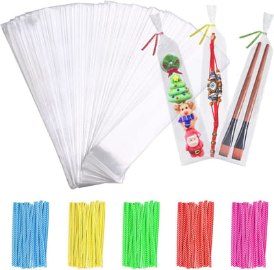 200 cellofaanzakjes, transparant, 25 x 5 cm, cellofaanzakjes, zakjes, transparant, kleine zakjes voor snoep, cellofaanzakjes met 200 twist-bindingen, OPP-cadeauzakjes, doorzichtig, voor
