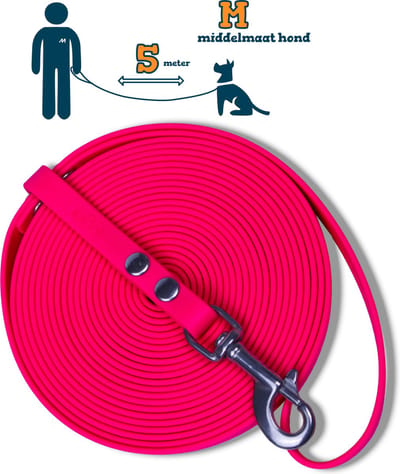 Miqdi lange lijn - BioThane® – neon roze - 5 meter lang – 13mm breed – M – middelmaat hond – lange hondenriem