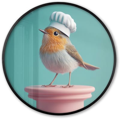 Poster in lijst Rond - Fotolijst 60x60 cm - Posters - Roodborstje - Vogel - Koksmuts - Sokkel - Ronde posterlijst zwart - Decoratie - Wanddecoratie woonkamer - Muurdecoratie slaapkamer