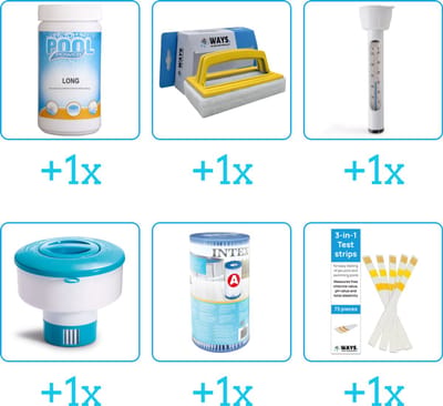 Zwembad Onderhoudspakket - Onderhoud Zwembad - bevat Chloor - Scrubborstel - Thermometer - Chloordrijver - Filter en Testrips (6-delig)