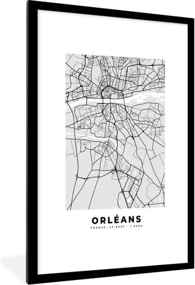 Fotolijst incl. Poster - Kaart - Stadskaart - Frankrijk - Orléans - Plattegrond - 80x120 cm - Posterlijst