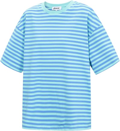 Colorful Striped Tee – Casual Shirt met Korte Mouwen – Comfortabele Top voor Dagelijks Gebruik - Baby Blauw - Maat S