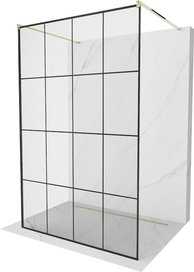 Mexen Kioto vrijstaande douchewand 150 x 200 , zwart raster 8 mm, goud - 800-150-002-50-77