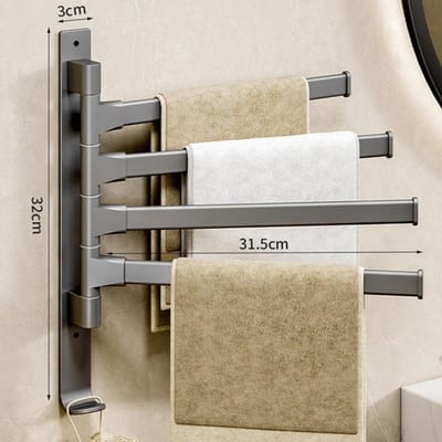 Badkamer Handdoekenrek Draaibare Houder Ruimte Aluminium 4-Stang Hanger Keukenplank Papier Hangen Wandmontage 30x32cm grijs