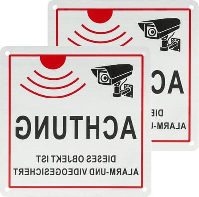 Alarm en video beveiligd schild voor videobewaking, 10 x 10 cm, aluminium, zelfklevend met voorgeboorde gaten, set van 2 stuks