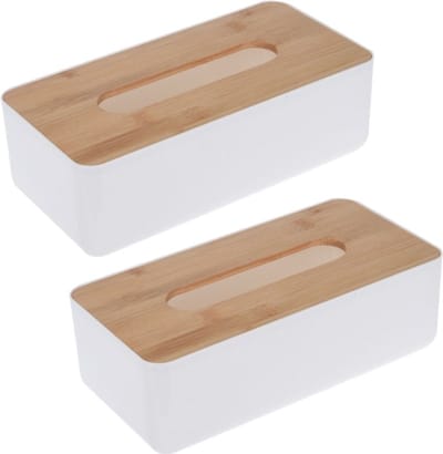 Storage Solutions Tissuedoos - 2x stuks - rechthoekig - kunststof - bamboe bovenkant - 26 x 13 cm - tissuebox