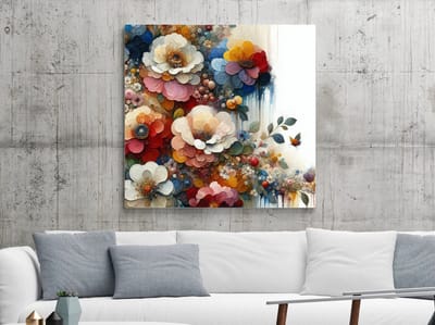 Olieverf bloemen schilderij | Schilderachtige bloemenpracht in levendige olieverfschildering uitgedrukt met kunstwerk | Kunst - 80x80 centimeter op Forex | Foto op Forex
