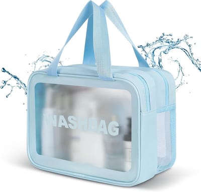 AiQInu Toilettas, transparant, make-uptas, voor droog en nat scheiden, grote make-uptas, toilettas, toilettas, waterdichte make-uptas voor dames en heren, blauw, klassiek