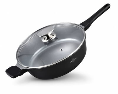 Swiss Haus® BDF26B Hapjespan Inductie met Deksel - Ø 26 cm / 3.1 Liter - PFAS Vrij - Hapjespannen Voor Alle Warmtebronnen - Braadpan Met Sapphire™ Antiaanbaklaag - Zwart