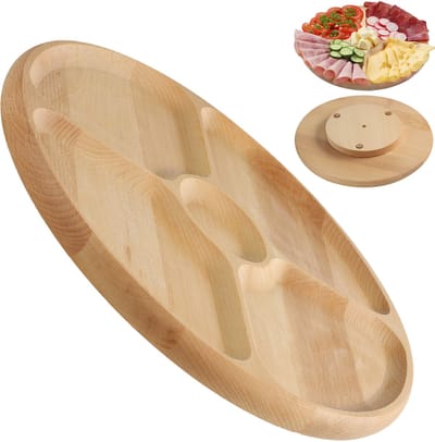 KADAX Serveerplateau, draaiplateau van natuurlijk hout, Ø 33,5 cm, draaiplateau met vakken, serveerborden voor chips en dip, snackborden voor het serveren van vlees (beukenhout)