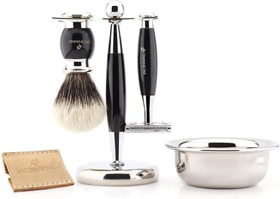Luxe scheerset voor heren met dubbelzijdig veiligheidsscheermes, scheerkwast met zwarte zilveren punt, standaard en scheerkom, perfecte cadeauset voor mannen