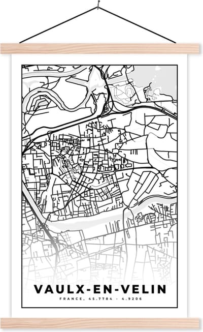 Posterhanger incl. Poster 40x60 cm - Schoolplaat - Kaart - Stadskaart - Frankrijk - Vaulx-en-Velin - Plattegrond - Zwart wit - Textielposter - Blanke latten - Stadskaart