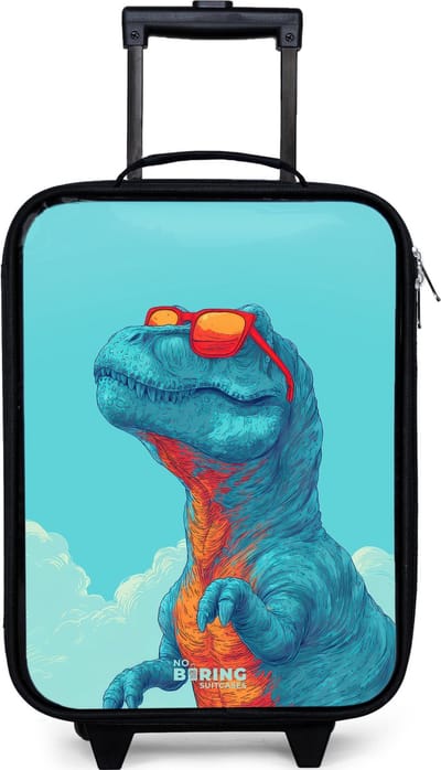 NoBoringSuitcases.com® - Kinderkoffer jongen - Kindertrolley meisje - Dino met zonnebril - Koffer kind lichtgewicht - Reiskoffer trolley voor kinderen - Koffertje met lichtgevende wieltjes - Rolkoffer zwart
