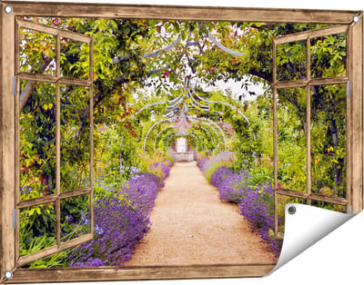 Gards Tuinposter Doorkijk Lavendel Pad - 90x60 cm - Tuindoek - Tuindecoratie - Wanddecoratie buiten - Tuinschilderij