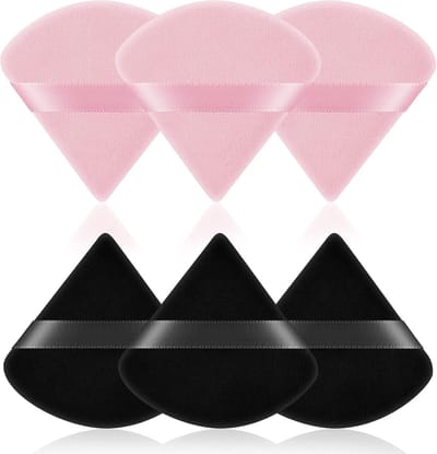 6 stuks driehoekige make-up-poederkwasten, gezichtssponzen, poederpads, wasbaar, herbruikbare make-up-spons, nat en droog make-up-gereedschap voor los poeder of foundation, rouge (3 zwart + 3 roze）