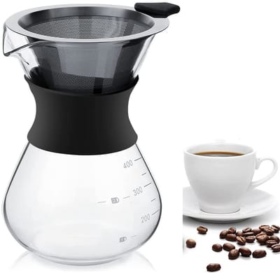 Dailygoods- Koffiezetapparaat met roestvrijstalen filter - Glazen koffiezetapparaat - Handmatig koffiefilter - Inhoud 400ml - Compacte afmetingen 10x11,5x15cm - Elegant ontwerp - Filterkoffiezetter