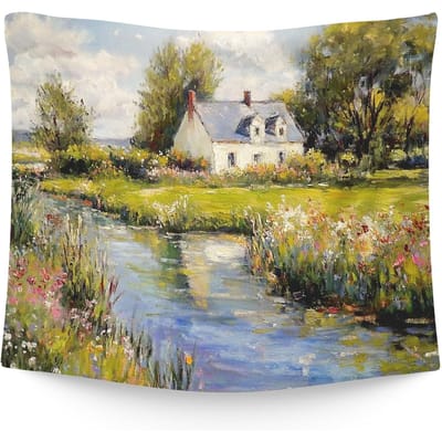 Vintage Lente Landschap Cottage Hangend Wandkleed voor Slaapkamer, Boerderij Dorp Wilde Bloemen Wandkleden 150x130cm