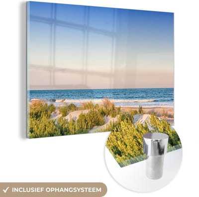 MuchoWow® Glasschilderij 120x80 cm - Schilderij acrylglas - Strand - Planten - Licht - Foto op glas - Muurdecoratie woonkamer - Wanddecoratie slaapkamer - Schilderijen