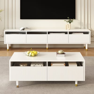 MODFU - Woonkamerset - LED-Verlichting En Opbergruimte - Golfstructuur - Modern - MDF - Wit