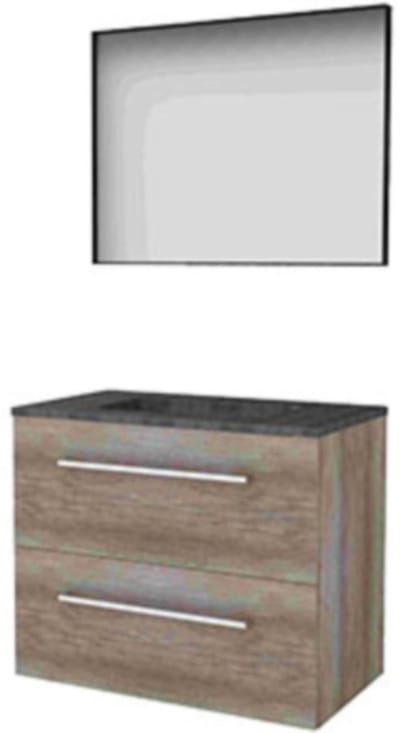 Basic-Line Framed 46 Badkamermeubelset - 80 x 46 cm - Met Grepen - 2 Lades - Hardstenen Wastafel - Zonder Kraangat - Spiegel met Zwart Aluminium Frame - Scotch Oak