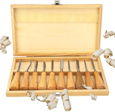 Dailygoods- Houtsnijbeitelset 10 Stuks - Hoge Hardheid - Ergonomisch Handvat - Stevig Staal - Houten Opbergkoffer - Professioneel Ontwerp - Beitelset