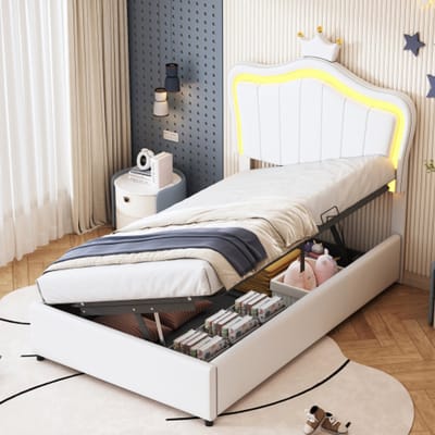 Zubaliya Kinderpolsterbed - 90x200 cm Wit - Kroonontwerp - Hydraulisch opbergruimte - LED-Verlichting
