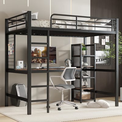 REDOM hoogslaper 90x200 cm – MDF + metaal zwart/donker notenhout – Bureau, opbergkast, metalen raster – 120 kg
