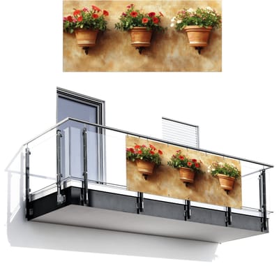 Balkonscherm 200x90 cm - Balkonposter Bloempotten - Muur - Vintage - Balkon scherm decoratie - Balkonschermen - Balkondoek zonnescherm