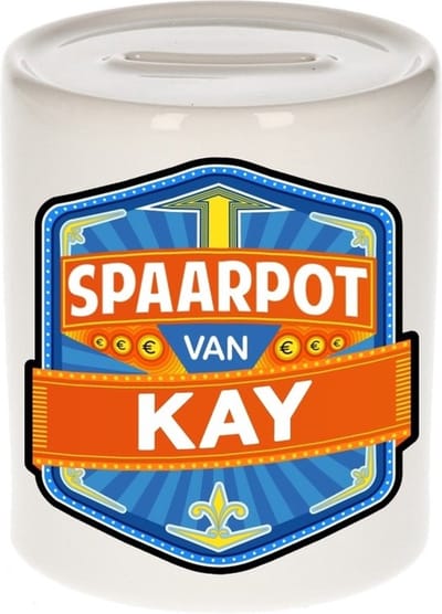 Bellatio Decorations Kinder spaarpot met naam - Kay - keramiek - met dop - wit - Sparen - Spaargeld van Kay
