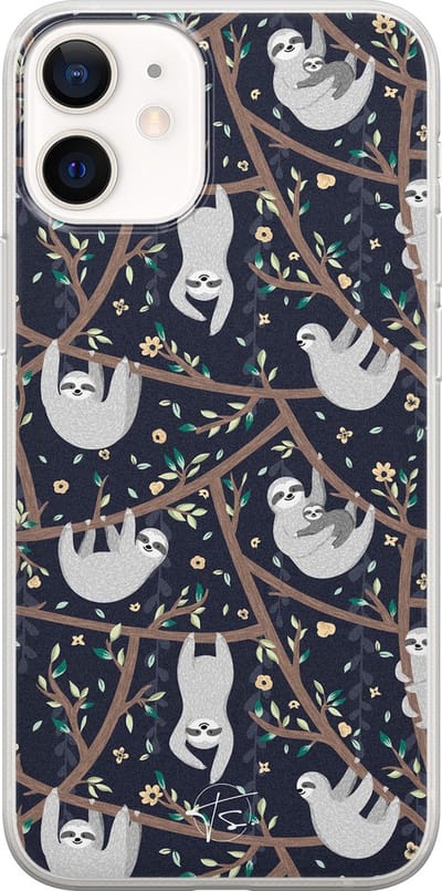 Hoesje geschikt voor iPhone 12 Mini - Luiaard - Soft Case - TPU - Print - Zwart - Mooie Telefoonhoesjes
