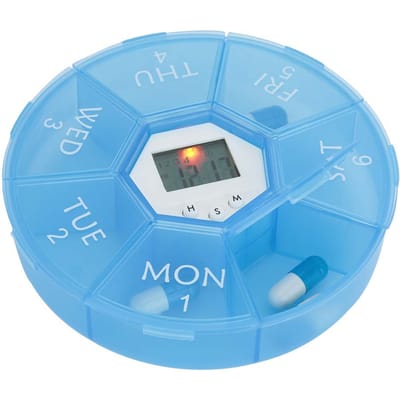 7 Vakken Mini Draagbare Medicijn Tablet Pillen Snoep Opbergdoos Organizer Etui met HerinneringBlauw white