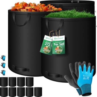 KESSER® Tuinafvalzak Tuinzak Set Bladzak incl. Handschoenen - Zelf Staand 4 Handvatten Stabiel Robuust & Opvouwbaar - Bladzakken Maaisel Tuinzakken voor Tuinafval Groenafval - 9x 272 Liter, Zwart