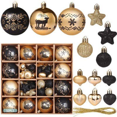 Dailygoods- Kerstballen Set van 52 - Kunststof - Wit/Zwart - Glitter - Druppelbestendig - Waterdicht - 8 Ontwerpen - Kerstversieringen