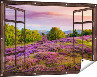 Gards Tuinposter Doorkijk Paarse Weide - 120x80 cm - Tuindoek - Tuindecoratie - Wanddecoratie buiten - Tuinschilderij