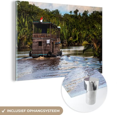 ® Glasschilderij 180x120 cm - Schilderij acrylglas - Boot op een rivier in het Nationaal park Tanjung Putung in Indonesië - Foto op glas - Muurdecoratie woonkamer - Wanddecoratie slaapkamer - Schilderijen