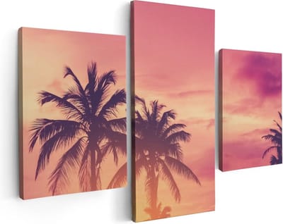 Artaza Canvas Schilderij Drieluik Tropische Palmbomen Met Zonsondergang - 90x60 - Foto Op Canvas - Canvas Print