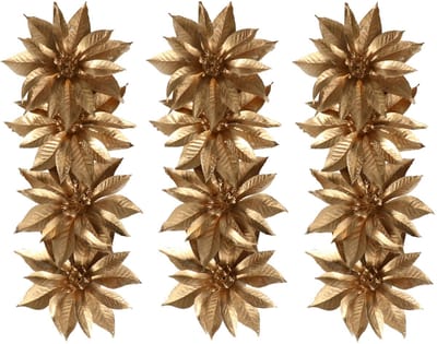 Decoratie bloemen - op clip - 12x - goud - 9,5 cm - kunststof - kerstbloemen - Kerstboom ornamenten