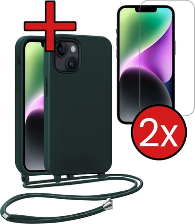 Hoesje Geschikt voor iPhone 13 Mini Hoesje Siliconen Case Met Koord Met 2x Screenprotector - Hoes Geschikt voor iPhone 13 Mini Hoesje Backcover Met Telefoonkoord - Donkergroen