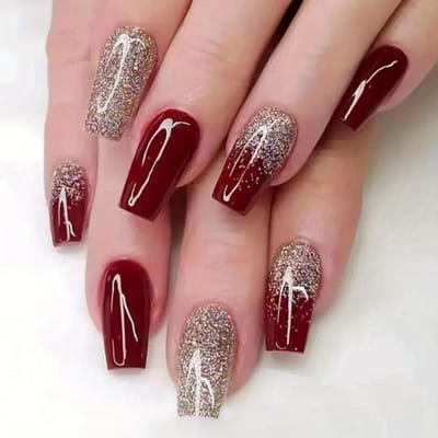 24 Stuks Gouden Glitter Vierkante Press-on Nagels - Middelgroot Acryl Wijnrood Design voor Bruidsbruiloft Gebruik