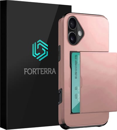 Hoesje Geschikt voor iPhone 16 Pashouder Hard Case Hoes - Hoes Geschikt voor iPhone 16 Hoesje Back Cover Met Pasjeshouder - Rosé goud