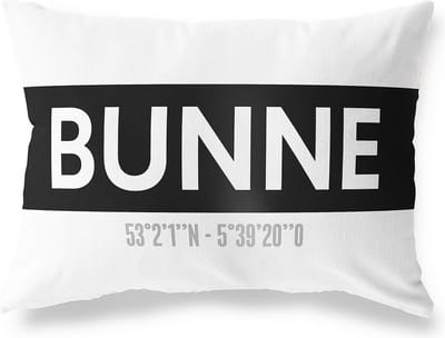 Tuinkussen BUNNE - DRENTHE met coördinaten - Buitenkussen - Bootkussen - Weerbestendig - Jouw Plaats - Studio216 - Modern - Zwart-Wit - 50x30cm