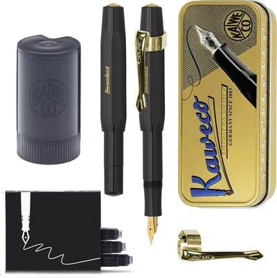 Kaweco - Cadeauset - (5delig) - Vulpen CLASSIC SPORT ZWART Fountain Pen - Extra Fine - Vintage blikje - Nostalgie Oktogonal Clip Vergoldet - Patronen houder - Vullingen