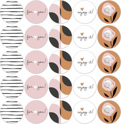 Sluitsticker Groot - Sluitzegel – Art – Print – Bloem - 5 assorti | For You – Enjoy it | Rose – Oranje – Zwart/Wit | Bedankje - Envelop | Chique | Envelop stickers | Cadeau - Gift - Cadeauzakje - Traktatie | Chique inpakken