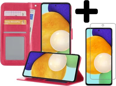 Hoesje - Met Screenprotector - Geschikt voor Samsung Galaxy A52 5G - Luxe Pasjeshouder - Bookcase Portemonee - Flip Case - Kunstleer Book Case - Flipcase - Book Cover - Walletcase - Portemonneehoes - Telefoonhoesjes - Donkerroze
