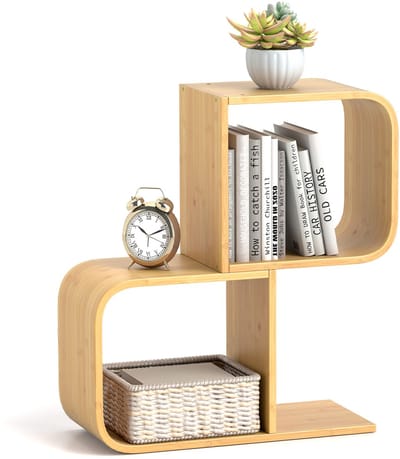 COSTWAY Boekenkast, S-vormig, staand rek van bamboe met 2 niveaus, kantoorrek, decoratief rek voor woonkamer, werkkamer, thuiskantoor, natuur, 61 x 23 x 66,5 cm