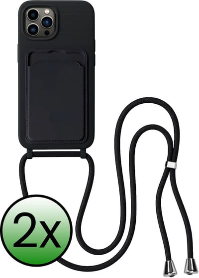 Hoes Geschikt voor iPhone 14 Pro Max Hoesje Pas Houder Case Hoes Met Koord - Hoesje Geschikt voor iPhone 14 Pro Max Hoes Met Telefoonkoord Pasjeshouder Cover - Zwart - 2 Stuks