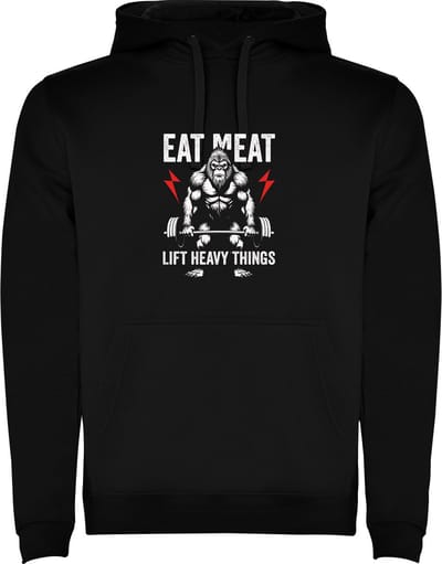 Zwarte unisex hoodie met “ Kleurrijke Eat Meat Lift Heavy Things _ Goede voeding en til zware dingen– Bodybuilden – Dumbell - Sport – Zet Door – Niet opgeven “ Print Full Color merk Roly maat 3XL