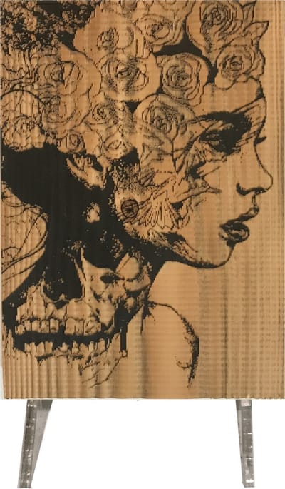 Houten decoratie bord 14 x 20 cm | Abstracte vrouw met bloemen en schedels - Interieur accessoires woonkamer
