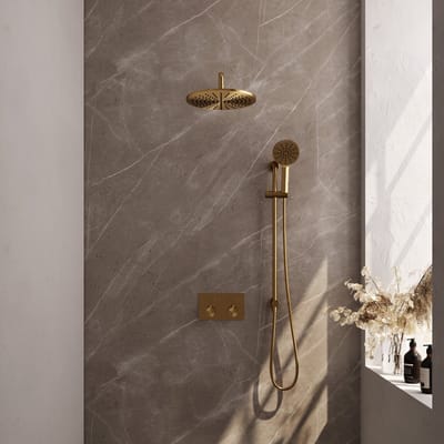 BRAUER Gold Carving thermostatische inbouw regendouche met drukknoppen SET 58 met 30 cm douchekop en gebogen muurarm en 3-standen handdouche en doucheslang en wandaansluitbocht goud geborsteld PVD