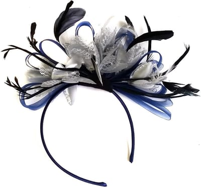Elegante Marineblauwe Zilveren Haar Fascinator met Veer voor Bruiloft en Feest